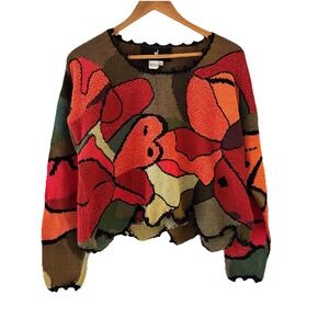Peruvian Connection Sweater Womens XL Floral Abstract Knit Art to Wear Scalloped